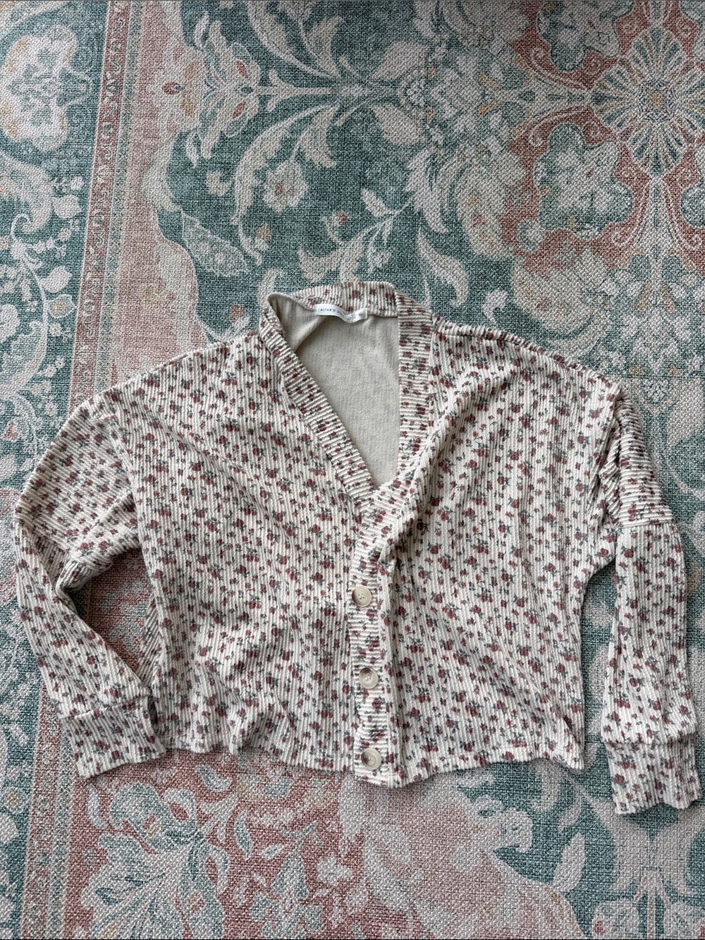 Altar'd State Cream Knit Floral Trim Cardigan